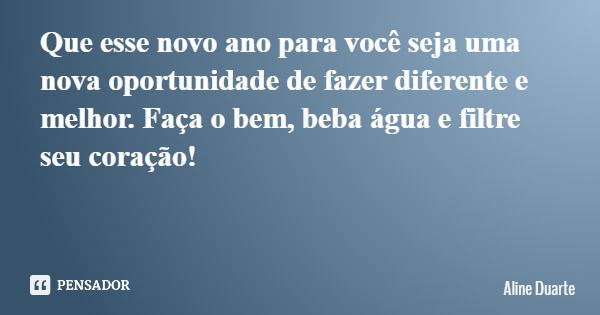 Que esse novo ano para você seja uma nova oportunidade de fazer diferente e melhor. Faça o bem, beba água e filtre seu coração!... Frase de Aline Duarte.