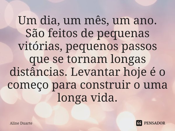 ⁠Um dia, um mês, um ano. São feitos de pequenas vitórias, pequenos passos que se tornam longas distâncias. Levantar hoje é o começo para construir o uma longa v... Frase de Aline Duarte.