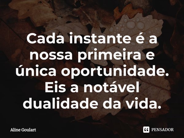 ⁠Cada instante é a nossa primeira e única oportunidade. Eis a notável dualidade da vida.... Frase de Aline Goulart.