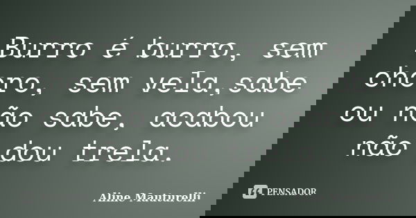Burro é burro, sem choro, sem vela,sabe ou não sabe, acabou não dou trela.... Frase de Aline Mauturelli.
