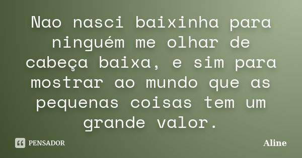 Nao nasci baixinha para ninguém me olhar de cabeça baixa, e sim para mostrar ao mundo que as pequenas coisas tem um grande valor.... Frase de Aline.