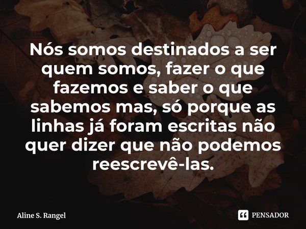 ⁠Nós somos destinados a ser quem somos, fazer o que fazemos e saber o que sabemos mas, só porque as linhas já foram escritas não quer dizer que não podemos rees... Frase de Aline S. Rangel.
