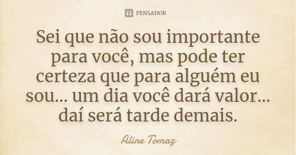 Sei que não sou importante para você, mas pode ter certeza que para alguém eu sou… um dia você dará valor… daí será tarde demais.... Frase de Aline Tomaz.