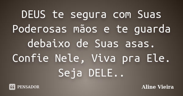 DEUS te segura com Suas Poderosas mãos e te guarda debaixo de Suas asas. Confie Nele, Viva pra Ele. Seja DELE..... Frase de Aline Vieira.