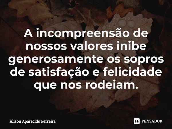 ⁠A incompreensão de nossos valores inibe generosamente os sopros de satisfação e felicidade que nos rodeiam.... Frase de Alison Aparecido Ferreira.