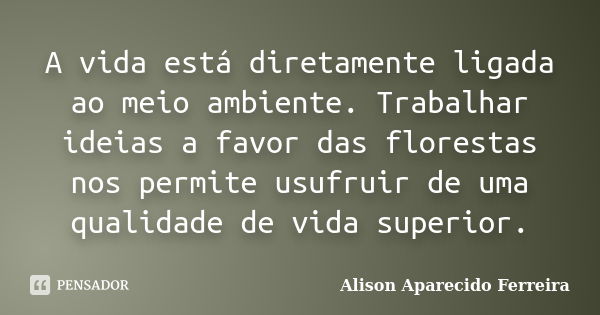 A vida está diretamente ligada ao meio ambiente. Trabalhar ideias a favor das florestas nos permite usufruir de uma qualidade de vida superior.... Frase de Alison Aparecido Ferreira.