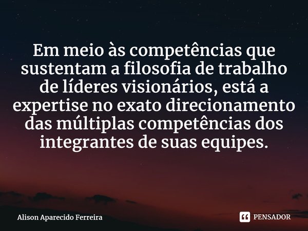 Em meio às competências que sustentam a filosofia de trabalho de líderes visionários, está a expertise no exato direcionamento das múltiplas competências dos in... Frase de Alison Aparecido Ferreira.