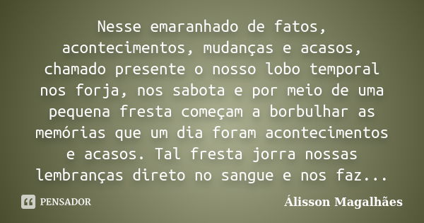 Nesse emaranhado de fatos, acontecimentos, mudanças e acasos, chamado presente o nosso lobo temporal nos forja, nos sabota e por meio de uma pequena fresta come... Frase de Álisson Magalhães.