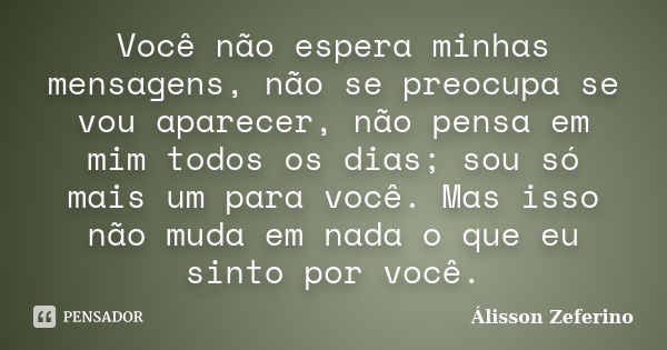 Você não espera minhas mensagens, não se preocupa se vou aparecer, não pensa em mim todos os dias; sou só mais um para você. Mas isso não muda em nada o que eu ... Frase de Álisson Zeferino.