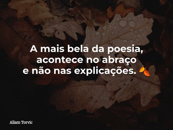 A mais bela da poesia, acontece no abraço e não nas explicações. 🍂... Frase de Allam Torvic.