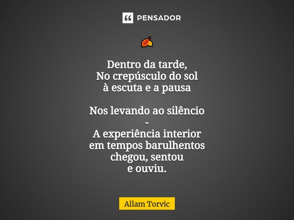 ⁠🍂 Dentro da tarde, No crepúsculo do sol à escuta e a pausa Nos levando ao silêncio - A experiência interior em tempos barulhentos chegou, sentou e ouviu.... Frase de Allam Torvic.