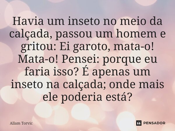 Havia um inseto no meio da calçada, passou um homem e gritou: Ei garoto, mata-o! Mata-o! Pensei: porque eu faria isso? É apenas um inseto na calçada; onde mais ... Frase de Allam Torvic.