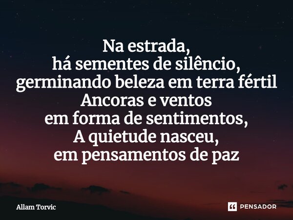 ⁠Na estrada, há sementes de silêncio, germinando beleza em terra fértil Ancoras e ventos em forma de sentimentos, A quietude nasceu, em pensamentos de paz... Frase de Allam Torvic.