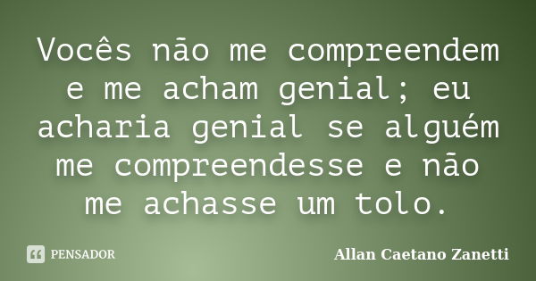 Vocês não me compreendem e me acham genial; eu acharia genial se alguém me compreendesse e não me achasse um tolo.... Frase de Allan Caetano Zanetti.