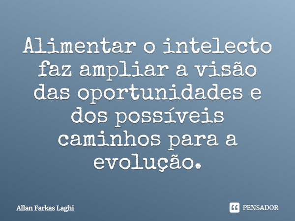 Alimentar o intelecto faz ampliar a visão das oportunidades e dos possíveis caminhos para a evolução.... Frase de Allan Farkas Laghi.