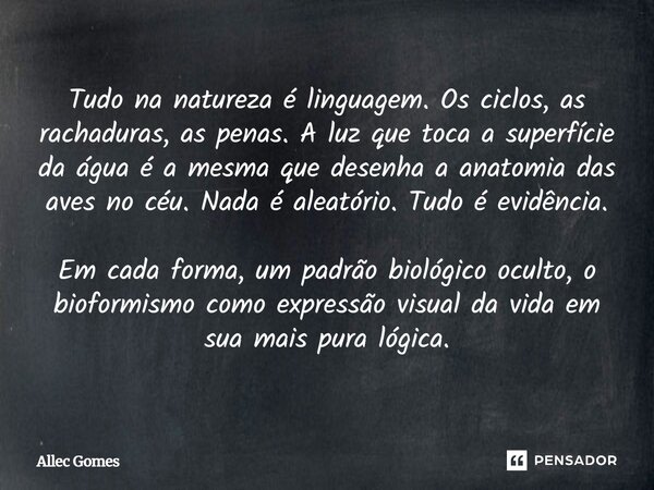 ⁠Tudo na natureza é linguagem. Os ciclos, as rachaduras, as penas. A luz que toca a superfície da água é a mesma que desenha a anatomia das aves no céu. Nada é ... Frase de Allec Gomes.