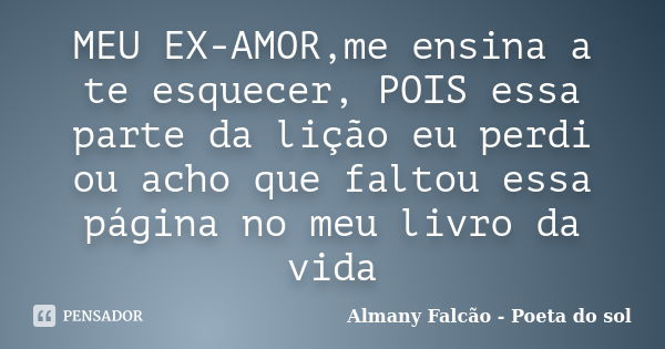 MEU EX-AMOR,me ensina a te esquecer, POIS essa parte da lição eu perdi ou acho que faltou essa página no meu livro da vida... Frase de Almany Falcão - Poeta do sol.