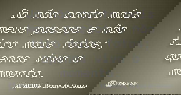 Já não conto mais meus passos e não tiro mais fotos; apenas vivo o momento.... Frase de ALMEIDA, Bruno de souza.