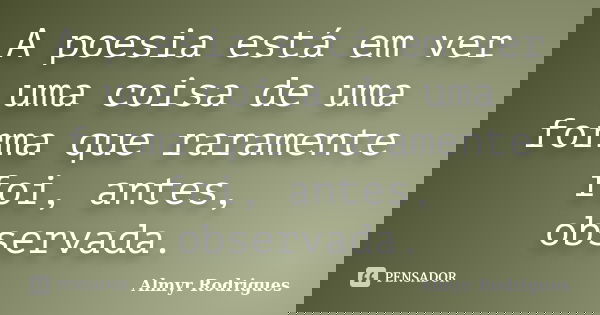 A poesia está em ver uma coisa de uma forma que raramente foi, antes, observada.... Frase de Almyr Rodrigues.