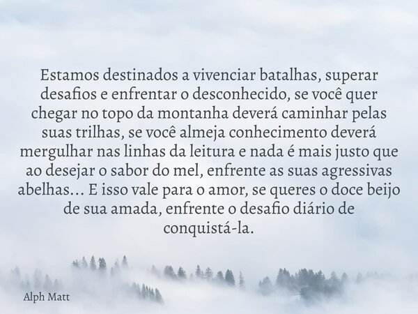 Estamos destinados a vivenciar batalhas, superar desafios e enfrentar o desconhecido, se você quer chegar no topo da montanha deverá caminhar pelas suas trilhas... Frase de Alph Matt.
