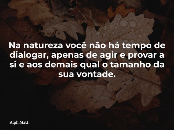 Na natureza você não há tempo de dialogar, apenas de agir e provar a si e aos demais qual o tamanho da sua vontade.... Frase de Alph Matt.