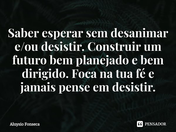 ⁠Saber esperar sem desanimar e/ou desistir. Construir um futuro bem planejado e bem dirigido. Foca na tua fé e jamais pense em desistir.... Frase de Aluysio Fonseca.