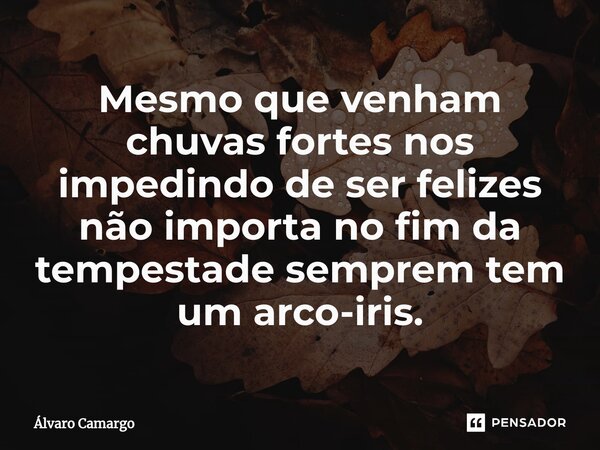 ⁠Mesmo que venham chuvas fortes nos impedindo de ser felizes não importa no fim da tempestade sempre tem um arco-iris.... Frase de Álvaro Camargo.