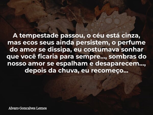 A tempestade passou, o céu está cinza, mas ecos seus ainda persistem, o perfume do amor se dissipa, eu costumava sonhar que você ficaria para sempre..., sombras... Frase de Alvaro Goncalves Lemos.