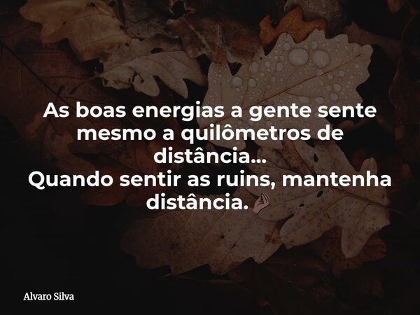 As boas energias a gente sente mesmo a quilômetros de distância... Quando sentir as ruins, mantenha distância.🤌🏿... Frase de Alvaro Silva.
