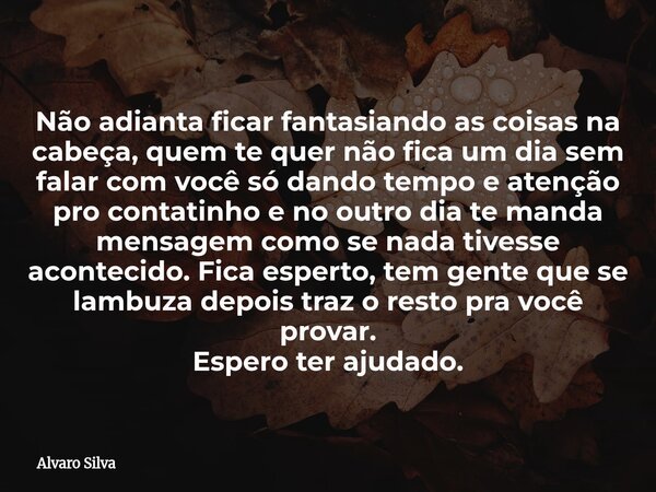 Não adianta ficar fantasiando as coisas na cabeça, quem te quer não fica um dia sem falar com você só dando tempo e atenção pro contatinho e no outro dia te man... Frase de Alvaro Silva.