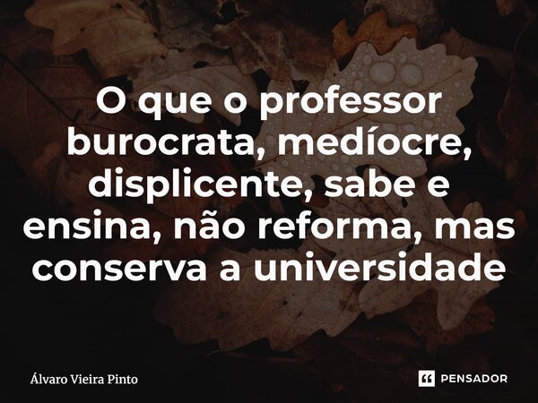 ⁠O que o professor burocrata, medíocre, displicente, sabe e ensina, não reforma, mas conserva a universidade... Frase de Alvaro Vieira Pinto.