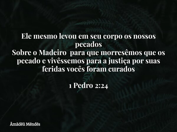 Ele mesmo levou em seu corpo⁠ os nossos pecados Sobre o Madeiro para que morresêmos que os pecado e vivêssemos para a justiça por suas feridas vocês foram curad... Frase de Ämädëü Mëndës.