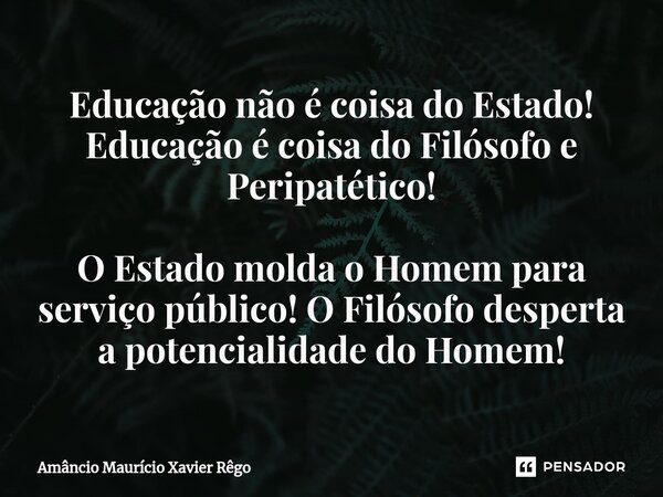 ⁠Educação não é coisa do Estado! Educação é coisa do Filósofo e Peripatético! O Estado molda o Homem para serviço público! O Filósofo desperta a potencialidade ... Frase de Amâncio Maurício Xavier Rêgo.