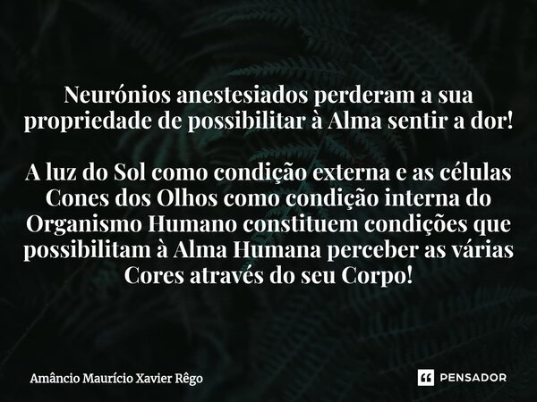 Neurónios anestesiados perderam a sua propriedade de possibilitar à Alma sentir a dor! A luz do Sol como condição externa e as células Cones dos Olhos como cond... Frase de Amâncio Maurício Xavier Rêgo.