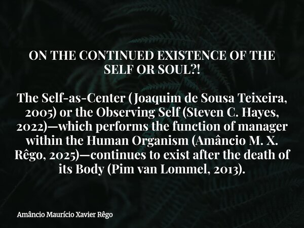 ON THE CONTINUED EXISTENCE OF THE SELF OR SOUL?! The Self-as-Center (Joaquim de Sousa Teixeira, 2005) or the Observing Self (Steven C. Hayes, 2022)—which perfor... Frase de Amâncio Maurício Xavier Rêgo.
