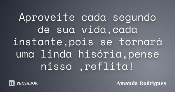 Aproveite cada segundo de sua vida,cada instante,pois se tornará uma linda hisória,pense nisso ,reflita!... Frase de Amanda Rodrigues.