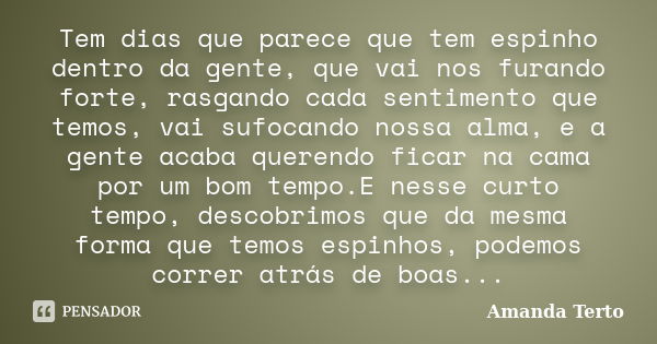 Tem dias que parece que tem espinho dentro da gente, que vai nos furando forte, rasgando cada sentimento que temos, vai sufocando nossa alma, e a gente acaba qu... Frase de Amanda Terto.