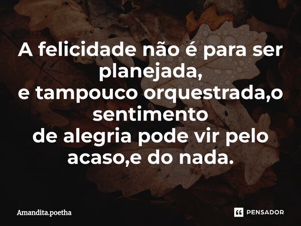 ⁠A felicidade não é para ser planejada, e tampouco orquestrada,o sentimento de alegria pode vir pelo acaso,e do nada.... Frase de Amandita.poetha.