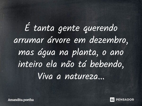É tanta gente querendo arrumar árvore em dezembro, mas água na planta, o ano inteiro ela não tá bebendo, Viva a natureza..⁠.... Frase de Amandita.poetha.