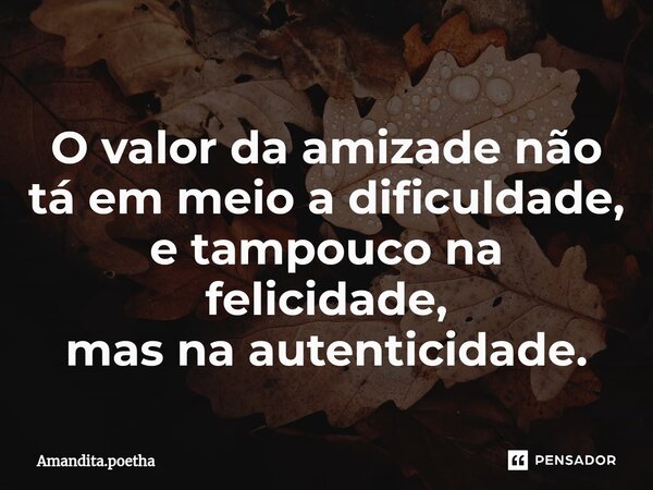 O valor da amizade não tá em meio a dificuldade, e tampouco na felicidade, mas na autenticidade.⁠... Frase de Amandita.poetha.