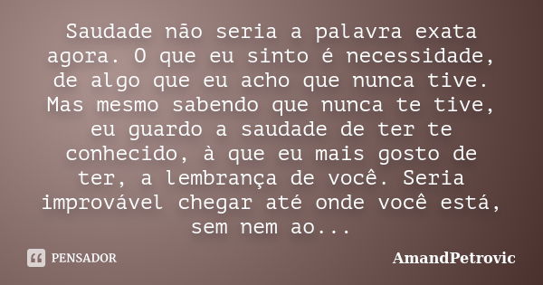 Saudade não seria a palavra exata agora. O que eu sinto é necessidade, de algo que eu acho que nunca tive. Mas mesmo sabendo que nunca te tive, eu guardo a saud... Frase de AmandPetrovic.