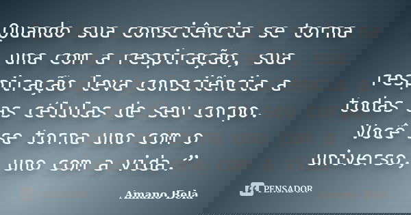 Quando sua consciência se torna una com a respiração, sua respiração leva consciência a todas as células de seu corpo. Você se torna uno com o universo, uno com... Frase de Amano Bela.