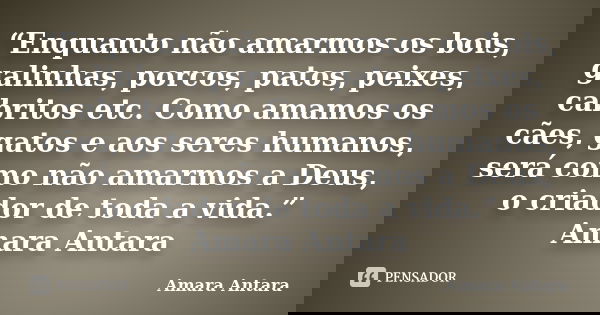 “Enquanto não amarmos os bois, galinhas, porcos, patos, peixes, cabritos etc. Como amamos os cães, gatos e aos seres humanos, será como não amarmos a Deus, o cr... Frase de Amara Antara.