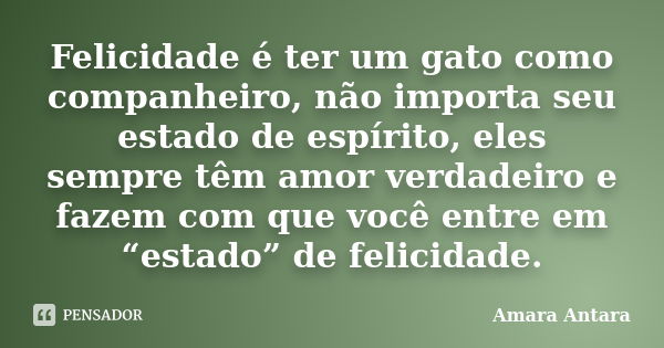 Felicidade é ter um gato como companheiro, não importa seu estado de espírito, eles sempre têm amor verdadeiro e fazem com que você entre em “estado” de felicid... Frase de Amara Antara.