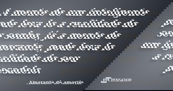 A mente de um inteligente pode leva lo a realidade do seu sonho, já a mente de um ignorante, pode leva lo a realidade do seu pesadelo.... Frase de Amarante de Amorim.