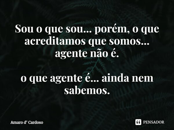 ⁠Sou o que sou... porém, o que acreditamos que somos... agente não é. o que agente é... ainda nem sabemos.... Frase de Amaro d' Cardoso.