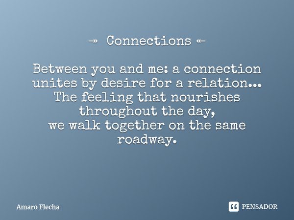 ⁠↠ Connections ↞ Between you and me: a connection unites by desire for a relation... The feeling that nourishes throughout the day, we walk together on the same... Frase de Amaro Flecha.