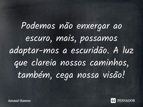 ⁠Podemos não enxergar ao escuro, mais, possamos adaptar-mos a escuridão. A luz que clareia nossos caminhos, também, cega nossa visão!... Frase de Amauri Ramos.