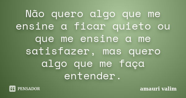 Não quero algo que me ensine a ficar quieto ou que me ensine a me satisfazer, mas quero algo que me faça entender.... Frase de Amauri Valim.