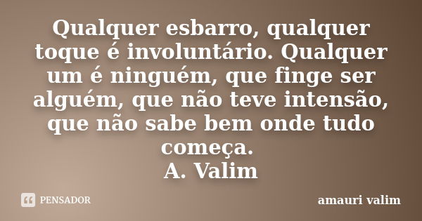 Qualquer esbarro, qualquer toque é involuntário. Qualquer um é ninguém, que finge ser alguém, que não teve intensão, que não sabe bem onde tudo começa. A. Valim... Frase de Amauri Valim.